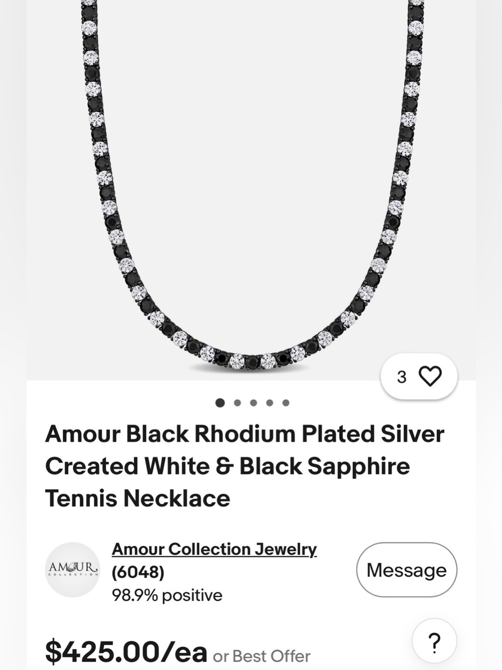 NWT Amour Black Rhodium Plated Silver White & Black Sapphire Tennis Necklace